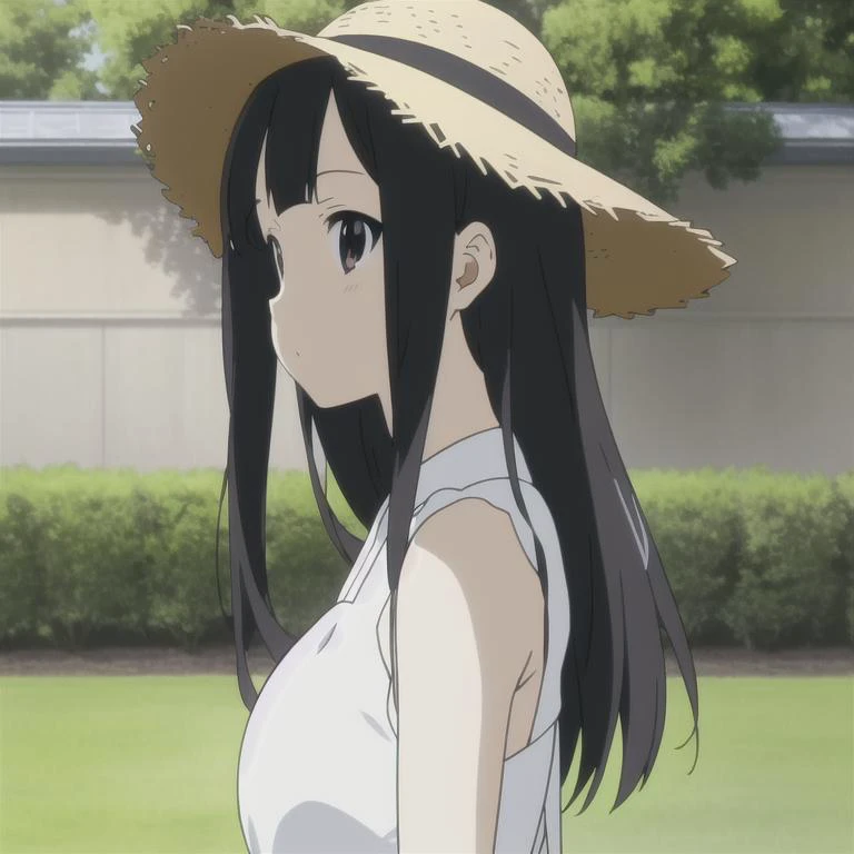 anime screencap, 1girl, mature woman, long black hair, tall, white long summer dress, straw hat, solo, perfect, masterpiece, pixiv, artstation, in a garden, by KyoAni