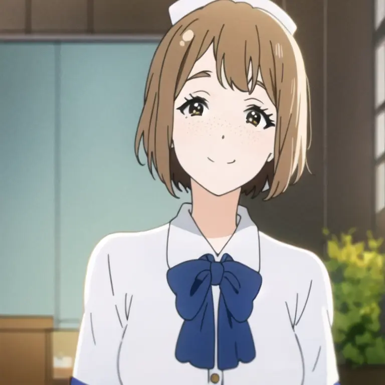 masterpiece, best quality, 1girl, mature female, ww2 nurse, smiling, freckles, white outfit, by KyoAni