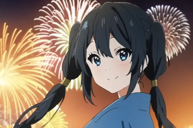 high quality,  masterpiece, 1girl ,black hair with blue tones, (lower twintail:1.2),  sapphire-blue eyes, night, fireworks festival, kimono,  smile, by KyoAni