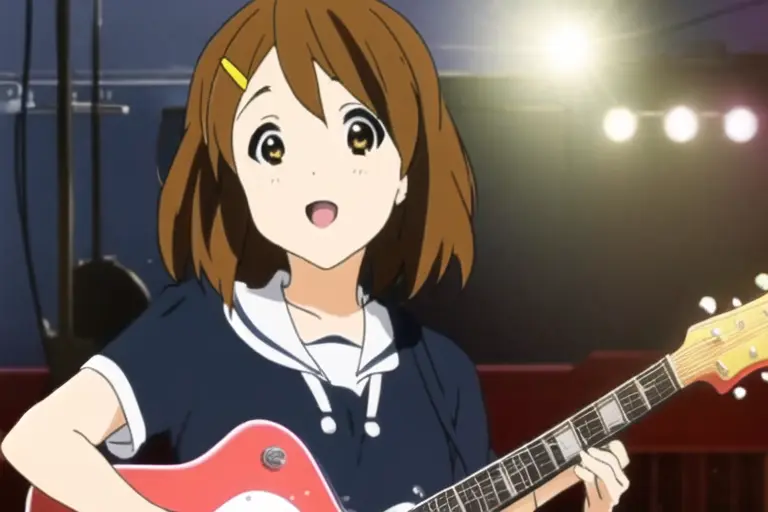 high quality,  masterpiece, 1girl, solo, mature female, (Hirasawa Yui:1.1), playing electric guitar, (musical stage:1.5), looking at the camera, by KyoAni