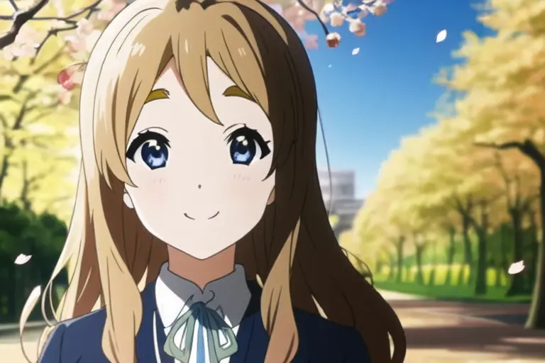 high quality, masterpiece, solo, solo focus, 1 girl with long wavy blonde hair, sapphire-blue eyes, thick yellow-brown eyebrows, Cherry Blossoms, sakura fall, city park, school uniform, smile, by KyoAni
