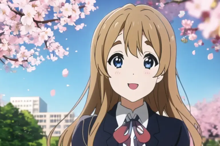 high quality, masterpiece, solo, solo focus, 1 girl with long wavy blonde hair, sapphire-blue eyes, thick yellow-brown eyebrows, Cherry Blossoms, sakura fall, city park, school uniform, smile, by KyoAni