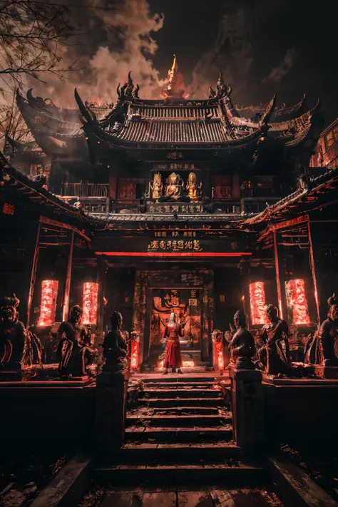 masterpiece,ultra high quality,
jiangchen,(diyu:1.2),horror (theme),<lora:jiangchen-000006:0.1>,
a gloomy atmosphere,cinematic lighting,bright contrast,fangs,outdoors,fire,buddha statue,