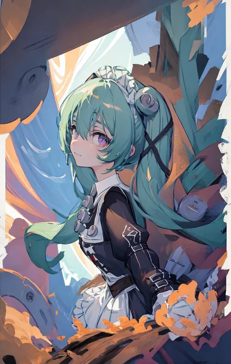 (best quality:1.3),(masterpiece:1.3),(illustration:1.3),(ultra-detailed:1.3),(imid shot:0.9),
1girl,<lora:dongxuelianv5:0.65>,solo,very young,upper body,short neck,small breasts,
from side,from below,close-up,
purple eyes,jewel-like eyes,extremely detailed eyes,extremely detailed face,(seductive smile:0.8),(open mouth:0.3),
filthy stream, murky water, garbage floating, rotting stench, haunting melody, scattered syringes, polluted mystery, abandoned tranquility, forgotten path, pebbled riverbed , twintails, maid,green hair,