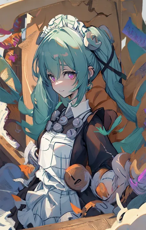 (best quality:1.3),(masterpiece:1.3),(illustration:1.3),(ultra-detailed:1.3),(imid shot:0.9),
1girl,solo,loli,very young,upper body,short neck,small breasts,
from side,from below,close-up,
purple eyes,(seductive smile:0.8),(open mouth:0.3),
filthy stream, murky water, garbage floating, rotting stench, haunting melody, scattered syringes, polluted mystery, abandoned tranquility, forgotten path, pebbled riverbed , twintails, maid,green hair,