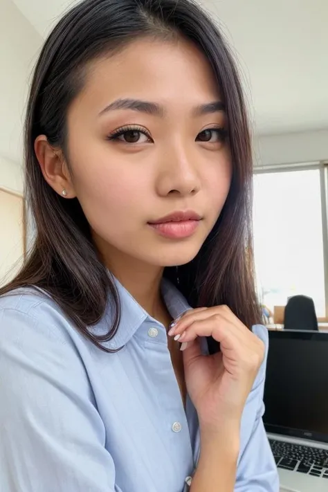 a photo of FujikoResha, In a trendy workspace sitting at a desk, wearing a button down shirt, looking at viewer, ultrarealistic, photorealistic, 8k, dslr, makeup, jewelry, beautiful, perfect face, detailed skin, detailed face, detailed eyes , <lora:FUJIKO-RESHA-T1-000010:1>