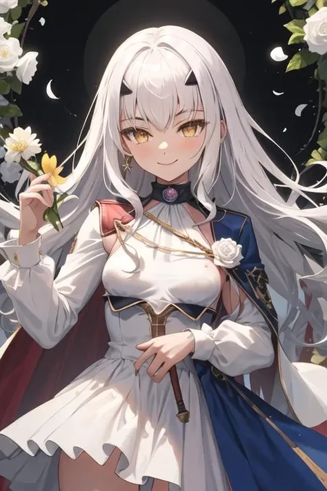best quality, masterpiece, highres, solo, {tam_lin_lancelot_fgo:1.15}, long_hair, white_hair, bangs, sidelocks, breasts, forked_eyebrows, small_breasts, brown_eyes, smile, yellow_eyes, 1girl, cape, dress, flower, looking_at_viewer, white_flower, blue_dress, long_sleeves