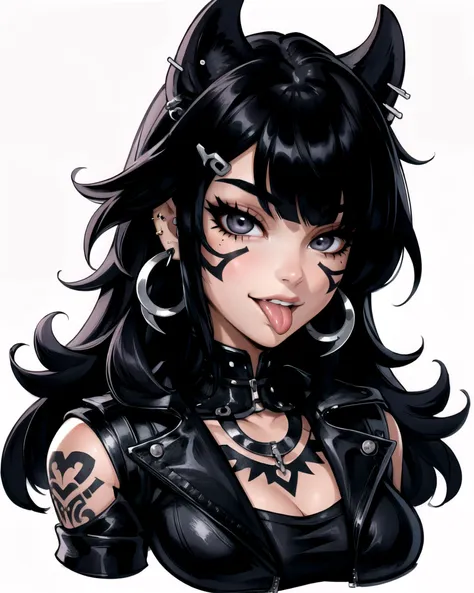 1girl, bangs, black hair, ear piercing, earrings, jewelry, long hair, looking at viewer, mole, piercing, simple background, solo, fang, detailed teeth, tongue out, face tattoo, goth, looking at viewer, grey detailed eyes,
<lora:Reiq_v3:0.5>