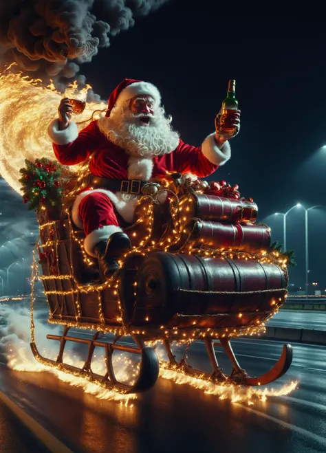 Dramatic photo of drunk Psychotic Santa Claus flying his large christmas sleigh with a jet engine above a highway laughing manically holding a bottle of whisky , highly detailed, cinematic, dramatic lighting, night time, <lora:Instant_Christmas_Red_Team_LoRA_:0.7>