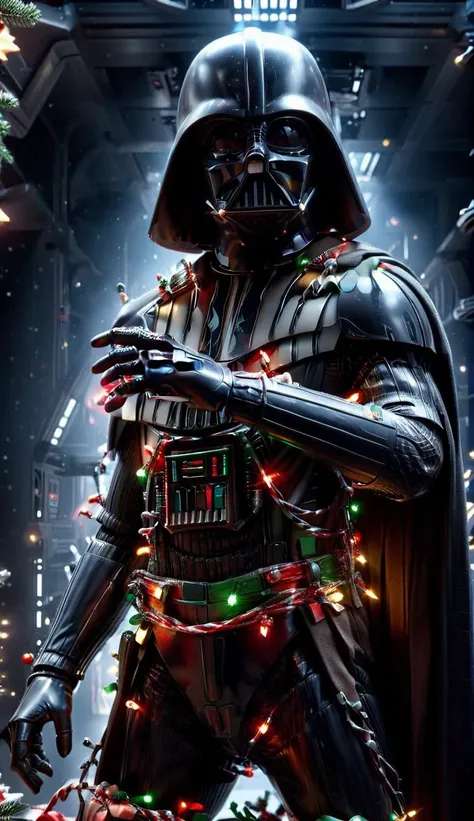 Art for Spaceships and Aerospace <lora:Instant_Christmas_Red_Team_LoRA_:1> instant christmas, <lora:PE_DarthVader:0.6> extreme low angle photo of PEDarthVader looking down and reaching toward viewer with one hand, solo, Creating art for spaceships and aerospace, often for interiors, branding, or technological aesthetics.