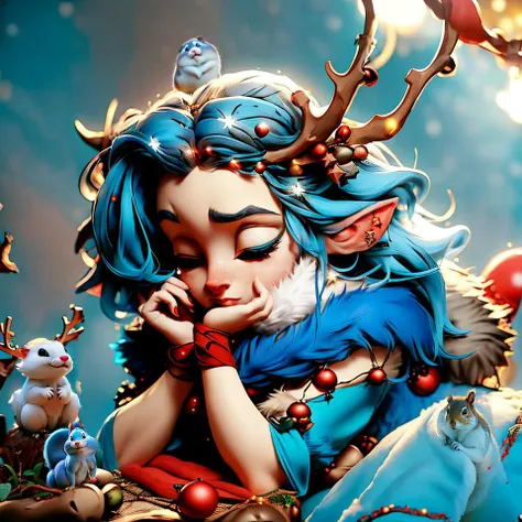 an elf girl with blue hair sleeping amongst animals, (wearing fur scarf:1.4), <lora:wrenchsjoyfuljingle:0.8>, wrenchsjoyfuljingle, <lora:backlight_last:0.8>, <lora:epiNoiseoffset_v2:1>, backlight, soft light, <lora:Instant_Christmas_Red_Team_LoRA_:1.2>, (dress decorated by christmas lights:1.4), (blue dress:1.3), (animals:1.4), big elf ears, big pointy ears, bokeh