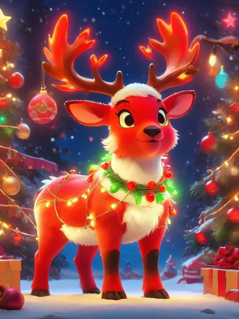 <lora:Genzoman_Style_Dim64:0.6>,((masterpiece,best quality)), absurdres, <lora:Rudolf_Red_Nose:0.8>, Rudolf_Red_Nose, solo, puppet, Reindeer, animal focus, full body, solo, smile, looking at viewer, Christmas, Christmas tree