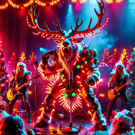 <lora:Instant_Christmas_Red_Team_LoRA_:1> instant christmas, heavy metal rock concert with raging fierce angry reindeer yelling at the microphone fierce neon red glowing eyes, solo, award-winning photography by Annie Leibovitz, shallow depth of field, rim light, dark boked background