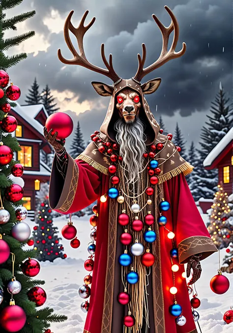 reallistic photo of a crazed reindeer wizard summoning a storm made of holiday ornaments, facing away, <lora:add-detail-xl:1.5> <lora:Instant_Christmas_Red_Team_LoRA_:0.5> instant christmas, red eyes, solo, exterior, no humans