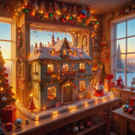 instant christmas, by Evgeny Lushpin, John Holcroft, landscape of a Fantastical Lithuania from inside of a Dollhouse, at Sunrise, Light, Fujicolor Fujichrome Velvia 100, Depth of field 270mm, sunbeam, <lora:Instant_Christmas_Red_Team_LoRA_:1>