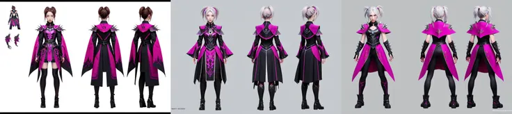 highly insanely detailed, masterpiece, top quality, best quality, highres, 4k, 8k, RAW photo, 1girl, solo, standing,
charturnerv2:0.5, full body character turnaround of 1lady,
Multiple views of the same character in the same outfit, <lora:mw_charturn3:0.2>, (simple background, white background:1.3), multiple views, side view, back view, front view,
<lora:CharTurn_v4-000003:0.5>,
<lora:clothTurn_v1:0.1>,
<lora:CSCharTurn_v3:0.1>,
<lora:Two-dimensional:0.1>,
Multi-view, rear view, concept art, character painting, two-dimensional culture,
<lora:Triple view:0.1>,
<lora:noline:0.38>,
<lora:spiderverse_style_offset:0.1>,
<lora:botw_style_offset:0.1>,
<lora:cyberpunk_edgerunners_offset:0.1>,
<lora:arcane_offset:0.1>,
short hair,
spiky hair,
pigtails hair,
silver hair,
Athletic build,
Swiss,
Very Dark Skin,
brown eyes,
Wearing Arcane Illusionist Cloak with Everchanging Patterns, a mystic mask,
(magenta fantastic theme character design:1.1)