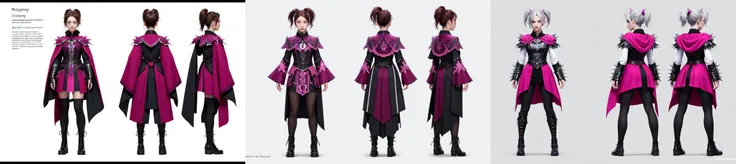 highly insanely detailed, masterpiece, top quality, best quality, highres, 4k, 8k, RAW photo, 1girl, solo, standing, 
charturnerv2:0.5, full body character turnaround of 1lady, 
Multiple views of the same character in the same outfit, <lora:mw_charturn3:0.2>, (simple background, white background:1.3), multiple views, side view, back view, front view, 
<lora:CharTurn_v4-000003:0.5>, 
<lora:clothTurn_v1:0.1>, 
<lora:CSCharTurn_v3:0.1>, 
<lora:Two-dimensional:0.1>, 
Multi-view, rear view, concept art, character painting, two-dimensional culture, 
<lora:Triple view:0.1>, 
<lora:noline:0.38>, 
<lora:spiderverse_style_offset:0.1>, 
<lora:botw_style_offset:0.1>, 
<lora:cyberpunk_edgerunners_offset:0.1>, 
<lora:arcane_offset:0.1>, 
short hair, 
spiky hair, 
pigtails hair, 
silver hair, 
Athletic build, 
Swiss, 
Very Dark Skin, 
brown eyes, 
Wearing Arcane Illusionist Cloak with Everchanging Patterns, a mystic mask, 
(magenta fantastic theme character design:1.1)
