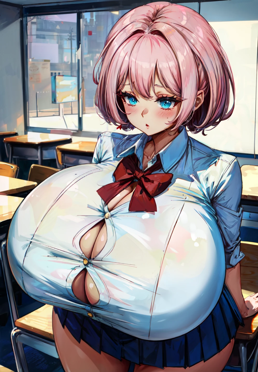 masterpiece, best quality, pink hair, short hair, blue eyes, white shirt, red bow, black pleated skirt, gigantic breasts, button gap, nervous, looking at chest, looking down at own chest, nervous, blush, classroom  <lora:buttongap-lr8e-5-[button gap]-LoRA_epoc-90-540:1> <lora:breastsizeslideroffset:0.6> <lora:add_detail:1>  <lora:colorify:0.6>
