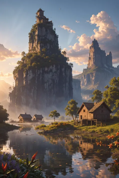 photo RAW,(summer,sunrise,mountains and a wooden village on river, (Khaki Heliconia spp. flowers on foreground), sunrays, lens flare, 4k highly detailed digital art, 8k hd wallpaper very detailed, impressive fantasy landscape, sci-fi fantasy desktop wallpaper, 4k detailed digital art, sci-fi fantasy wallpaper, epic dreamlike fantasy landscape, 4k hd matte digital painting, 8k stunning artwork,Realistic, realism, hd, 35mm photograph, 8k), masterpiece, award winning photography, natural light, perfect composition, high detail, hyper realistic, (composition centering, conceptual photography), realistic, detailed, balanced, by Trey Ratcliff, Klaus Herrmann, Serge Ramelli, Jimmy McIntyre, Elia Locardi