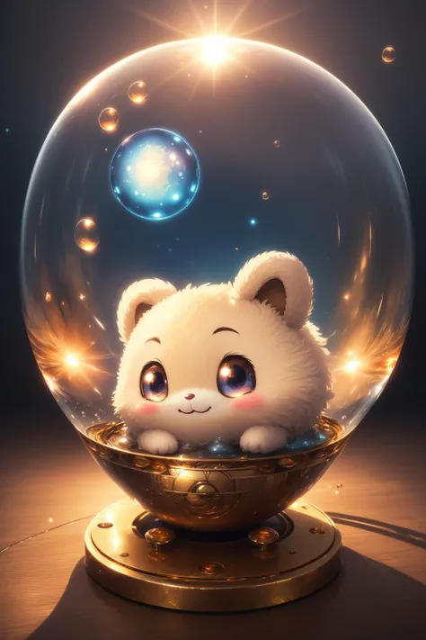 ((masterpiece:1.3, concept art, best quality)), very cute appealing anthropomorphic, inside bubble, creature, cute, cartoon, (kawaii), (fluffy:0.8), looking at the viewer, big grin, happy, anime blush, gold eyes, droplets, macro, sunlight, fantasy art, dynamic composition, dramatic lighting, epic realistic, award winning illustration