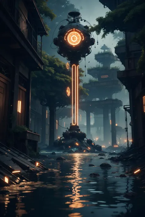 extreme quality, cg, photorealistic, (bright colors:0.9), light, elemental, water magic, blue, water, magical, righteous, (outdoors), masterpiece, 8k, (tone mapping, hyper focus:0.5), limited palette, (dappled sunlight:0.7), reflective surface, orange, wholesome, (varied depth of field:0.8), complimentary colors, particle dust, green embers, (ancient), (pyramid:0.7), flood, (vegetation), plants, (destiny 2:1.25), (no humans:1.5), (neon cyber technology:1.27), (architecture:0.8), magical, ruins, (catacomb:0.7), ripples, granite, detailed texture, flower, marble, vine