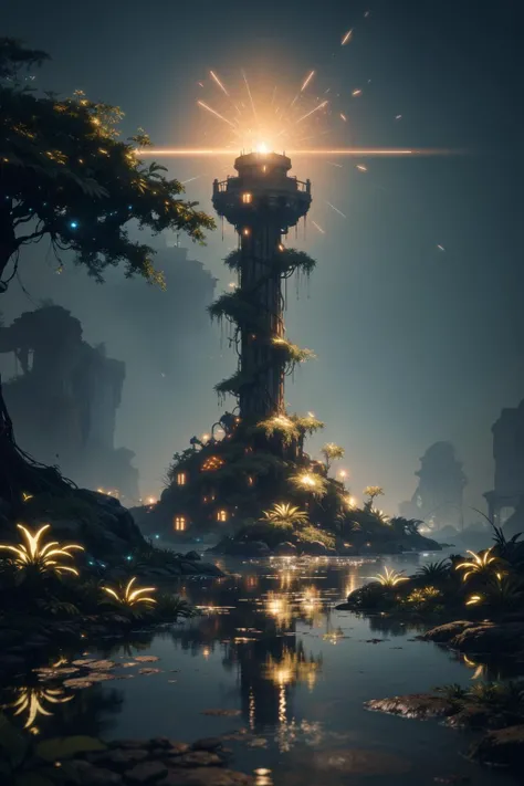 extreme quality, cg, photorealistic, (bright colors:0.9), light, elemental, water magic, blue, water, magical, righteous, (outdoors), masterpiece, 8k, (tone mapping, hyper focus:0.5), limited palette, (dappled sunlight:0.7), reflective surface, orange, wholesome, (varied depth of field:0.8), complimentary colors, particle dust, green embers, (ancient), (pyramid:0.7), flood, (vegetation), plants, (destiny 2:1.25), (no humans:1.5), (neon cyber technology:1.27), (architecture:0.8), magical, ruins, (catacomb:0.7), ripples, granite, detailed texture, flower, marble, vine