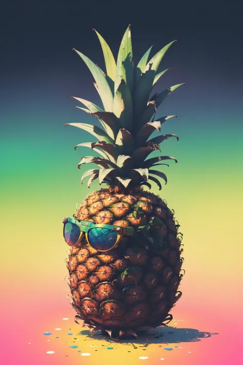 (Masterpiece, Best Quality, Highres:1.4), Detailed, (1 pineapple fruit, wearing sunglasses), cartoon, Intricate Details, 4K, color splashes, line art, art, (vaporwave:1.1), stylized, (neon color), marroon and magenta and white, super, aura, (retro)