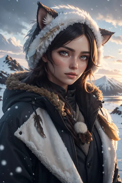 extreme quality, cg, detailed face+eyes, (bright colors), (anime), 1girl, impact, (winter), blizzard, time stop, sci fi, (tribal cat), (eskimo), animal ear fluff, fur trim, clouds, tan skin, (feather headdress), masterpiece, top tier, extravagant, 8k, unity wallpaper, unreal engine 5, ray tracing, 8k, cinematic, varied depth of field, octane render, elegant, tone mapping, hyper focus, parted lips, upperbody, (black), dappled sunlight, (snowing), nature, winter coat, upper body, (morning glow), lighthouse, gold eyes, horizon, picturesque scenery, mountain, forest, looking at viewer, (tundra)