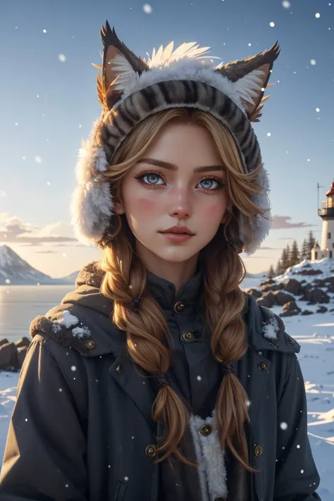 extreme quality, cg, detailed face+eyes, (bright colors), (anime), 1girl, impact, (winter), blizzard, time stop, sci fi, (tribal cat), (eskimo), animal ear fluff, fur trim, clouds, tan skin, (feather headdress), masterpiece, top tier, extravagant, 8k, unity wallpaper, unreal engine 5, ray tracing, 8k, cinematic, varied depth of field, octane render, elegant, tone mapping, hyper focus, parted lips, upperbody, (black), dappled sunlight, (snowing), nature, winter coat, upper body, (morning glow), lighthouse, gold eyes, horizon, picturesque scenery, mountain, forest, looking at viewer, (tundra)