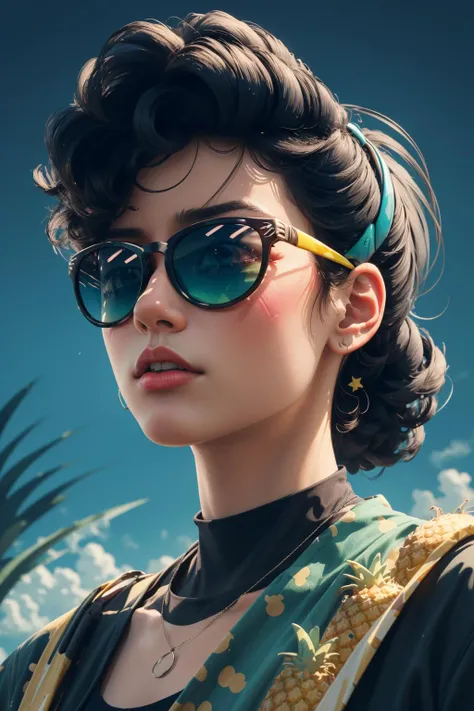 (Masterpiece, Best Quality, Highres:1.4), Detailed, (1 pineapple fruit, wearing sunglasses), cartoon, Intricate Details, 4K, color splashes, line art, art, (vaporwave:1.1), stylized, (neon color), yellow and violet and aqua, super, aura, (retro)