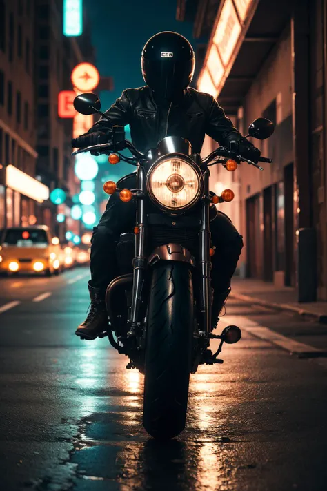 motorcycle, hyperrealism, high detail, octane render, cinematic, wide angle, 35 mm, f. 14, by mario testino, neon lights, octane render