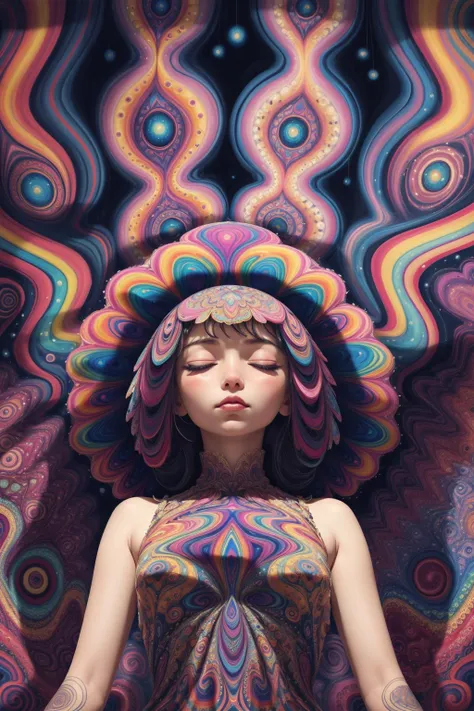 (psychedelic art:1.5), (from below:1.2), intricate dress, upper body, closed eyes, white and coral, cute cartoon, kawaii, large eyes, happy