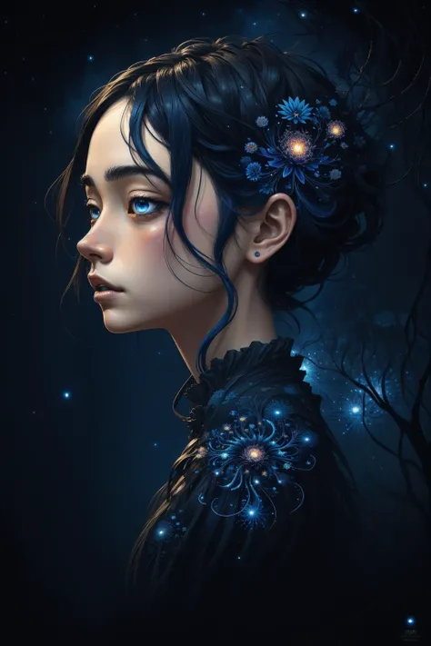 (fractal art:1.3), psychedelic art, (1girl), portrait, abstract art, style of Yuko Shimizu, style of Claude Monet, (dark theme:1.2), dark blue theme, deep blue aesthetic, (glowing blue:1.2), (sad, somber, depressing:0.6), stars, (fireflies:1.1), hair ornament, flowers