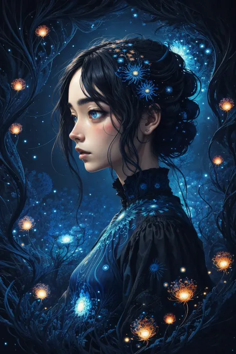 (fractal art:1.3), psychedelic art, (1girl), portrait, abstract art, style of Yuko Shimizu, style of Claude Monet, (dark theme:1.2), dark blue theme, deep blue aesthetic, (glowing blue:1.2), (sad, somber, depressing:0.6), stars, (fireflies:1.1), hair ornament, flowers