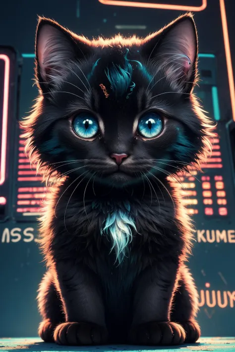 (masterpiece:1.1), (highest quality:1.1), (HDR:1.0), a cute kitten, animal, fluffy, (adorable), natural lighting, black and aqua, (expressive cartoon), expressive face, (synthwave:1.2)
