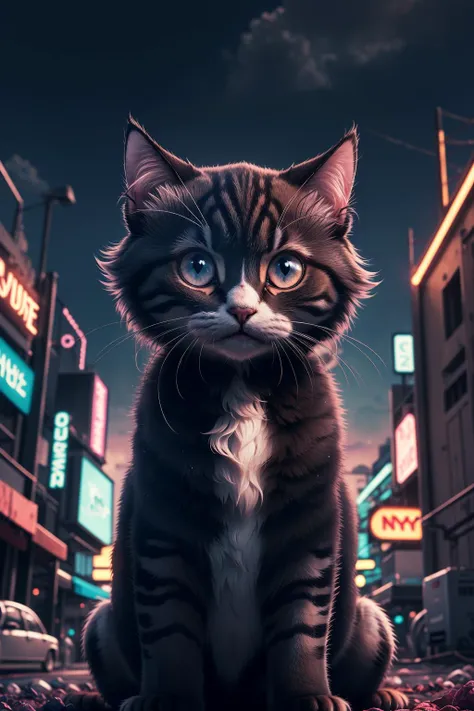 (masterpiece:1.1), (highest quality:1.1), (HDR:1.0), a cute kitten, animal, fluffy, (adorable), natural lighting, indigo and red, (expressive cartoon), expressive face, (synthwave:1.2)