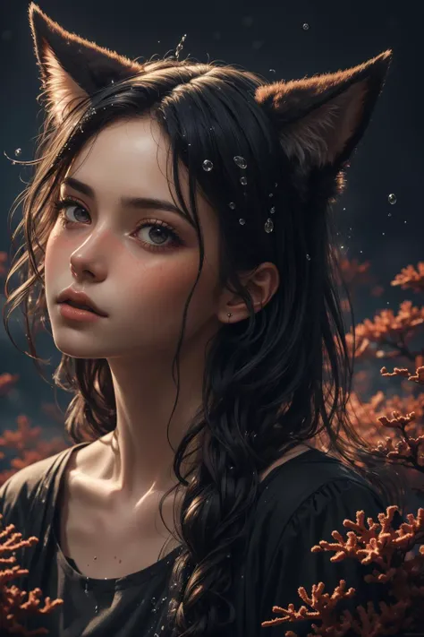 (masterpiece:1.0), (highest quality:1.12), (HDR:1.0), a girl, illustration, cover art, (black:1.2), (portrait), coral background, splash, (animal ear fluff:0.7)
