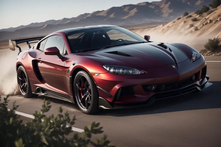 masterpiece, extreme quality, cg, high speed coupe sports car, fast, drifting, speed, dirt, dust, tires, rims, exhaust, spoiler, concrete, metal, dynamic cinematic, purple