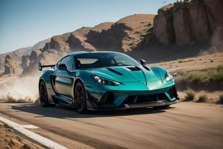 masterpiece, extreme quality, cg, high speed coupe sports car, fast, drifting, speed, dirt, dust, tires, rims, exhaust, spoiler, concrete, metal, dynamic cinematic, teal