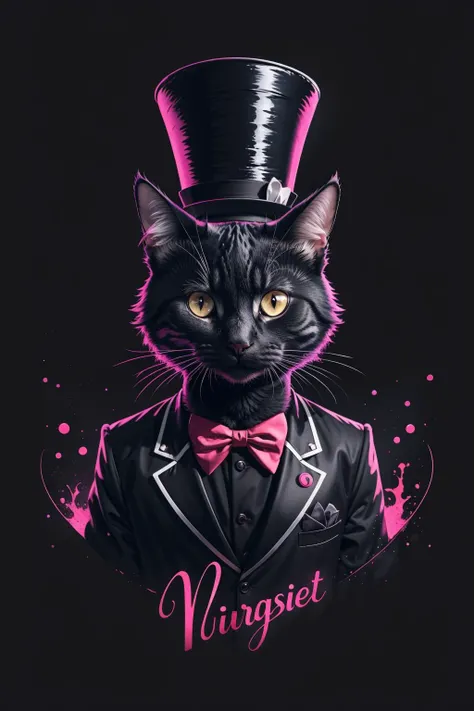 masterpiece, best quality, ultra high res, a cute cat, animal, beautiful, visually stunning, elegant, incredible details, award-winning painting, high contrast, vector art, line art, splatter, flat color, color merge gradient, (kitten:0.7), (dark magenta theme:1.2), n3on, glowing, neon, (fluffy:1.2), top hat, cat eyes, serious, violet, (no humans:1.4)