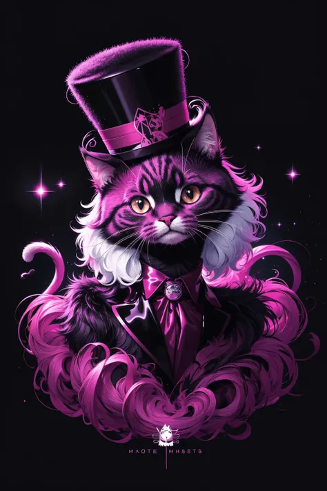 masterpiece, best quality, ultra high res, a cute cat, animal, beautiful, visually stunning, elegant, incredible details, award-winning painting, high contrast, vector art, line art, splatter, flat color, color merge gradient, (kitten:0.7), (dark magenta theme:1.2), n3on, glowing, neon, (fluffy:1.2), top hat, cat eyes, serious, red, (no humans:1.4)
