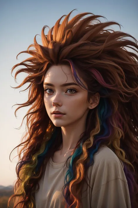 (masterpiece:1.1), (highest quality:1.1), (HDR:1.0), girl with really wild hair, mane, multicolored hairlighting, (from front:0.6)