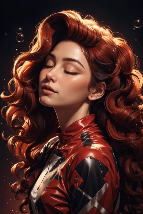 (highest quality:1.2), (hdr:1.0), a righteous woman, (hyper realistic), (cover art:1.1), big hair, upper body, (red theme:1.35), flat colors, closed eyes, (looking up:0.6), pretty face, joyous, bubble, high contrast, (creative:1.1), styled, 8k, (retro abstract:0.9), fleeting, fisheye, (official art:1.1), (splash art), (american aesthetic:0.6), (__Clothes/*__), by (Henry Walter:1.4)