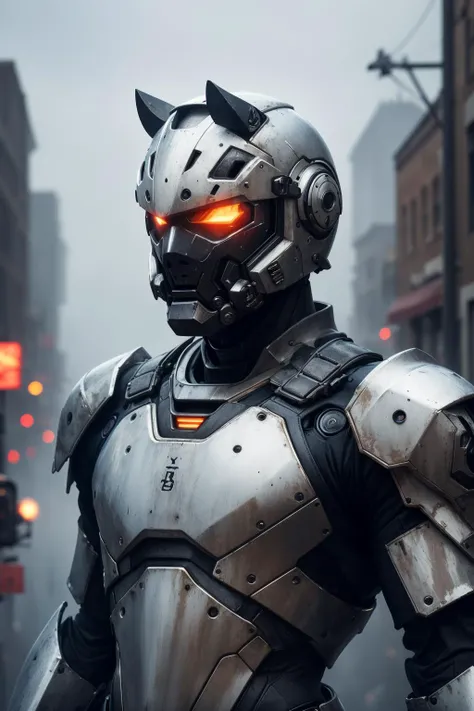 realistic photo of white futuristic metal mech armor suit, detailed full helmet, visor, tactical armor, (sports car,:0.8) tiger ears, upper body, hero, by Jeremy Lipking, by Antonio J Manzanedo, (by Alphonse Mucha:0.5), masterpiece, (pov), foggy city street, varied depth of field, ( scene:0.8), (upper body:1.3), (facing viewer, straight-on:1.4)