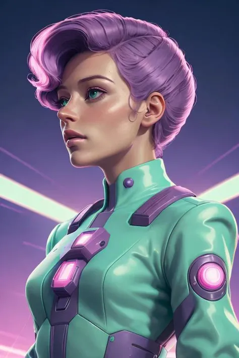 Remove Use these settingscompassionate, futuristic, limited palette, retrowave, fine art, fair skin, upper body, (mint and lilac:1.2), time travel