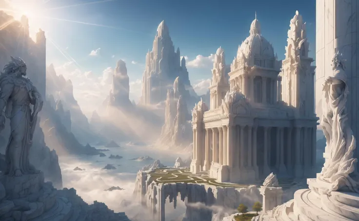 masterpiece, best quality, the forgotten city made of white marble, grand, epic, fantasy, mystical, sunbeam, soft lighting