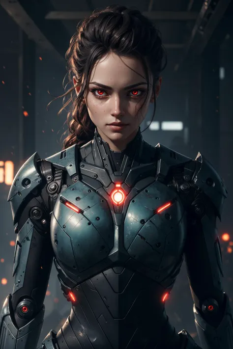 ((best quality)), ((masterpiece)), (detailed), Midjourney Style, close-up, woman, robot, red eyes, concept art, inspired by Marek Okon, digital art, Crysis Nanosuit, futuristic, (glowing elements:1.1), 4:3 aspect ratio, dynamic duo