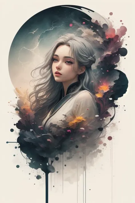 (masterpiece, top quality, best quality, official art, beautiful and aesthetic:1.2), (1girl:1.2), cute, extreme detailed,(abstract:1.4, fractal art:1.3),(silver_hair:1.1), fate \(series\), colorful,highest detailed, fire, ice, lightning, (splash_art:1.2), jewelry:1.4, hanfu, <lora:ink-0.1-3-b28-bf16-D128-A1-1-ep64-768-DAdaptation-cosine:0.8> , scenery, ink,