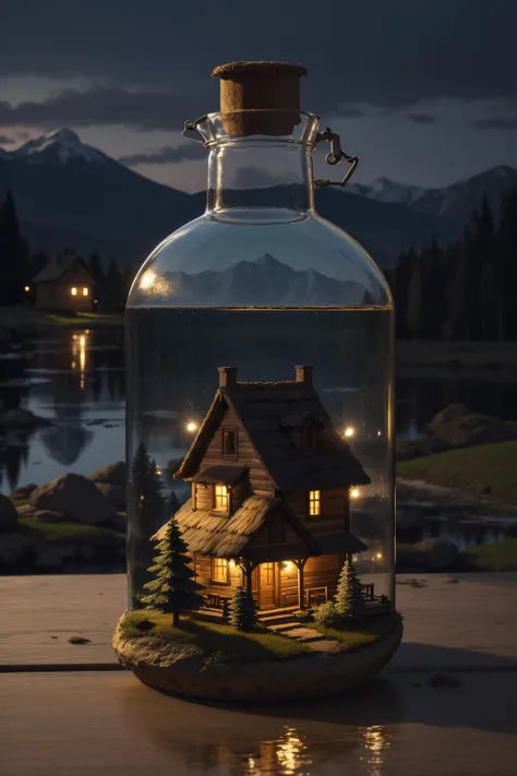 mini house, landscape, old fashion, nature, night light, nature background, a bottle, in the bottle, high detailed, masterpiece, best quality, (masterpiece,best quality:1.5)