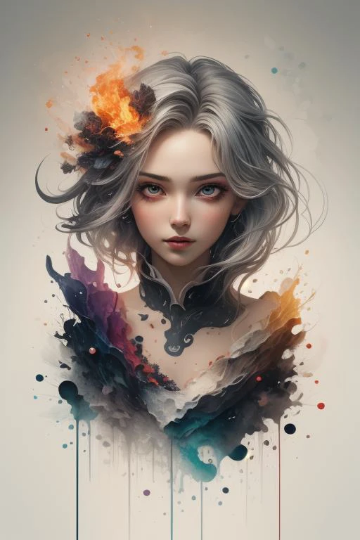 (masterpiece, top quality, best quality, official art, beautiful and aesthetic:1.2), (1girl:1.2), cute, extreme detailed,(abstract:1.4, fractal art:1.3),(silver_hair:1.1), fate \(series\), colorful,highest detailed, fire, ice, lightning, (splash_art:1.2), jewelry:1.4, hanfu, <lora:ink-0.1-3-b28-bf16-D128-A1-1-ep64-768-DAdaptation-cosine:0.8> , scenery, ink,